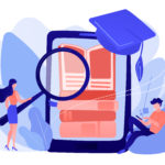 Students with magnifier reading stack of e-books in smartphone education app. Mobile learning, learning application, m-learning education concept. Pinkish coral bluevector isolated illustration